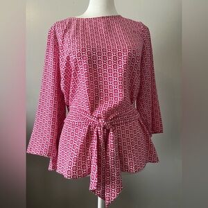 Talbots Pink and White Geometric Tie-Waist Blouse